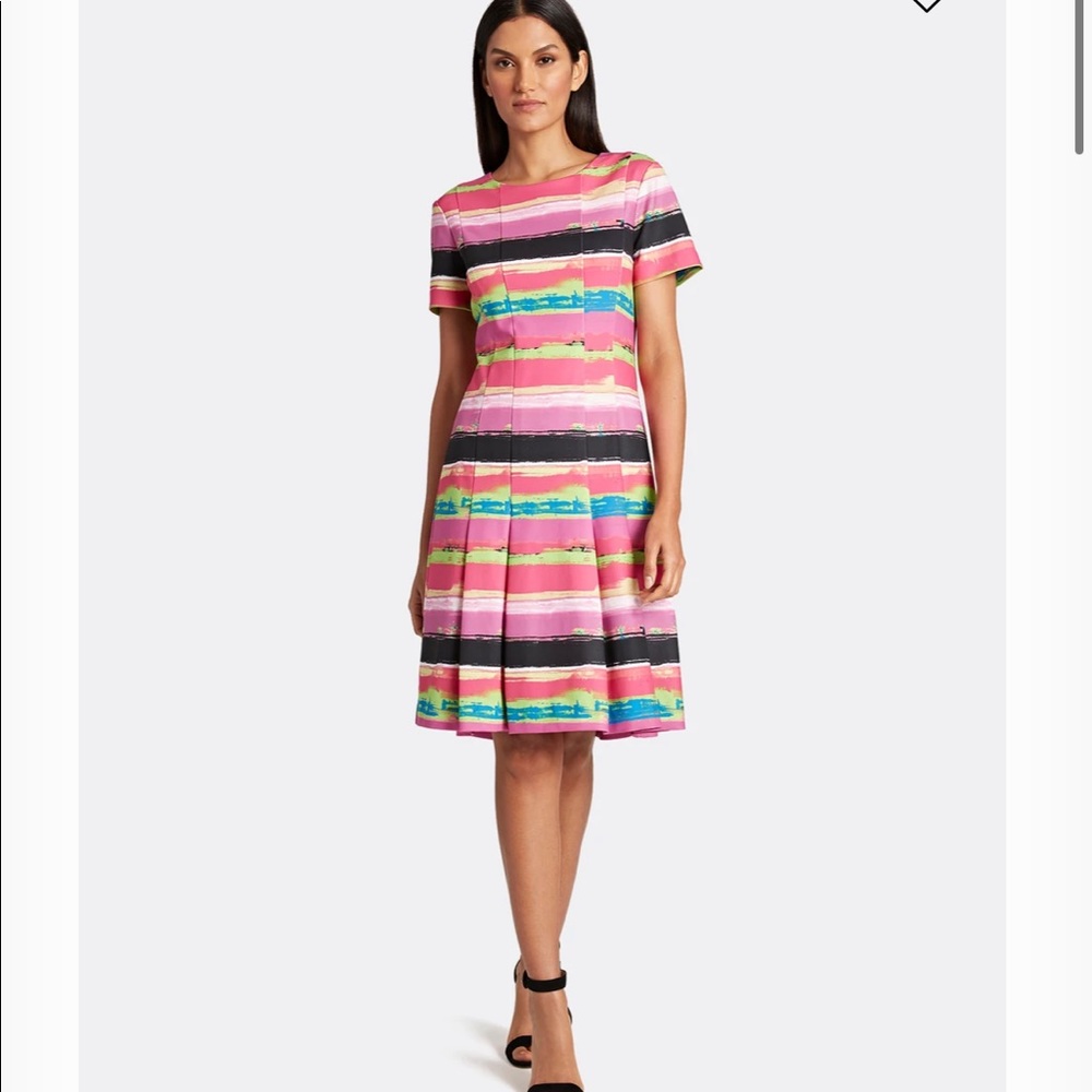 Pleated Fit-and-Flare Striped Dress- Tahari ASL - Size 4 - Pink - Stripes